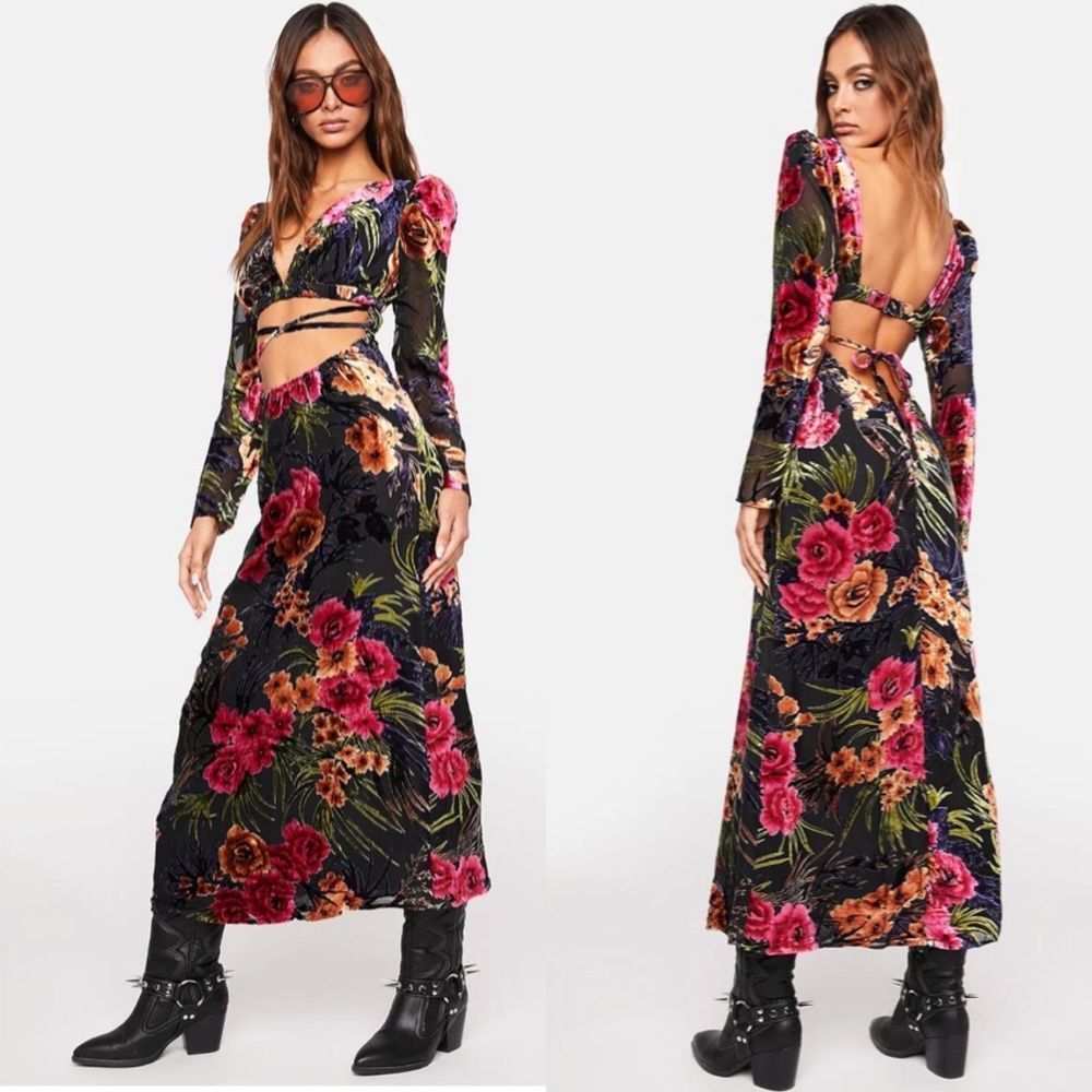 WeWoreWhat Cut Out Flocked Velvet Maxi Dress Floral Puff Sleeve-L New with Tags